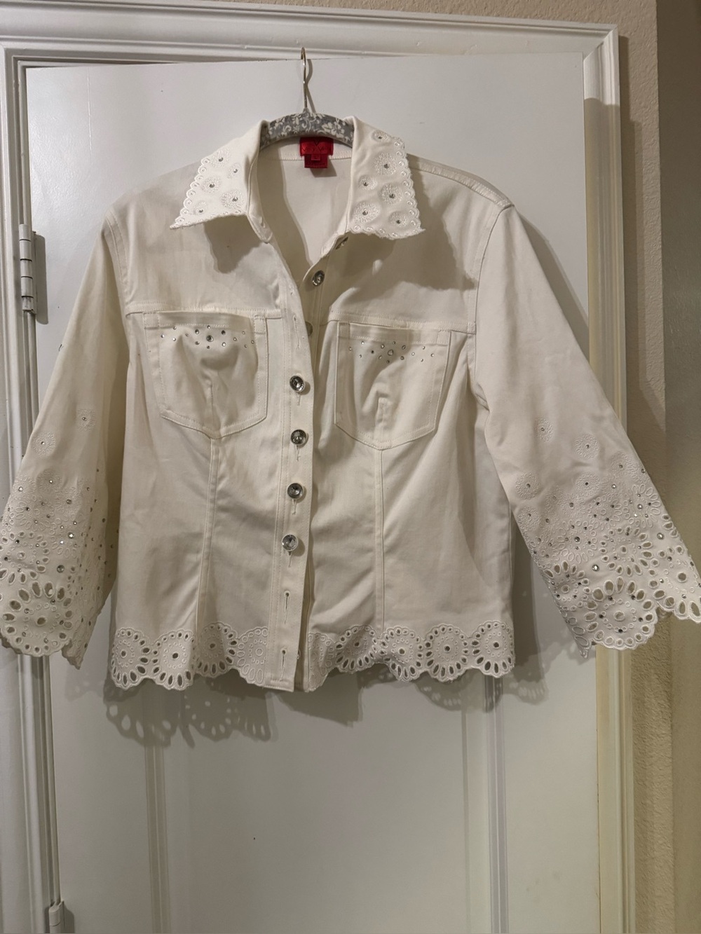 Eyelet-Trim Cream Jean Jacket with Button Front